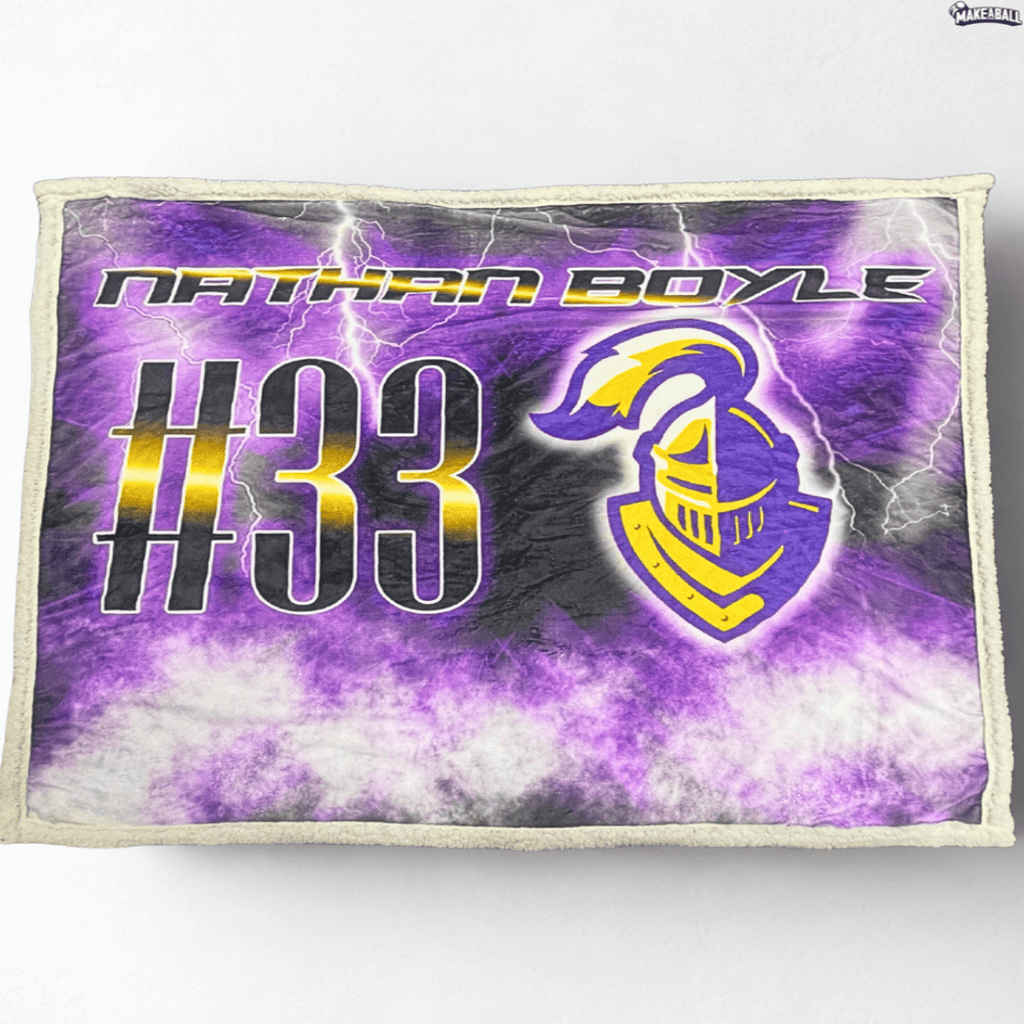 Blanket with 'Nathan Boyle #33' and a logo on a purple and white background
