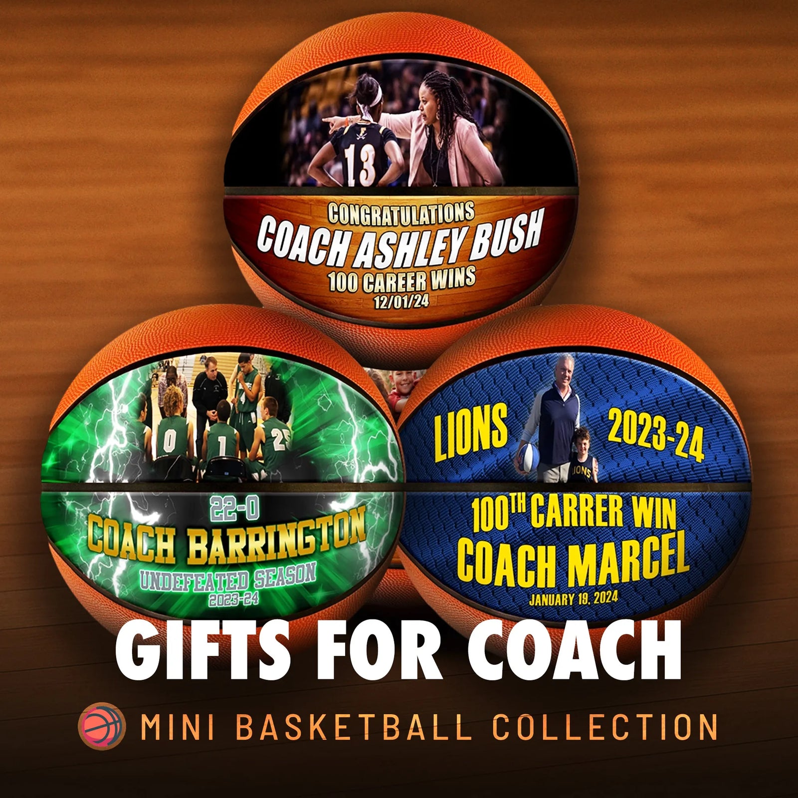 Custom coach gift mini basketball - Horizontal - 2 Panel - Burst